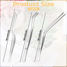 Garden Tweezers, 3 Pcs Stainless Steel Plant Tweezer Set Straight and Curved Precision Tweezers Multipurpose Bonsai Tools for Garden, Kitchen, Indoors and Outdoors (6.22Inch / 6.3Inch / 6.4Inch)