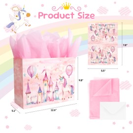 Linelglobal Unicorn Gift Bag with Tissue Paper for Girl Birthday Pink Castle 12.6"