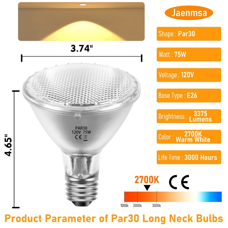 Jaenmsa 75W Par30 Halogen Flood Light Bulbs 120V,Par30 Long Neck