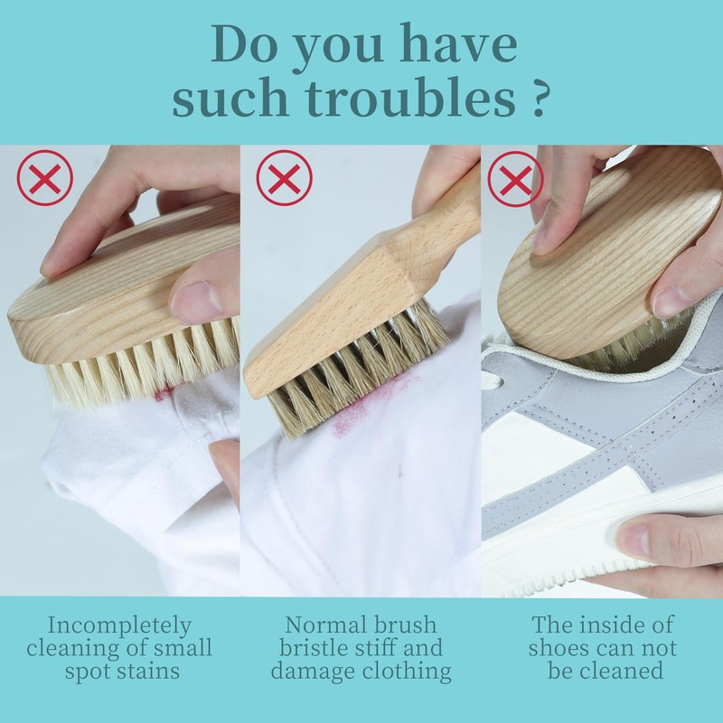 BFWood Laundry Stain Brush, Natural Soft Boar Bristles, Removes Tough