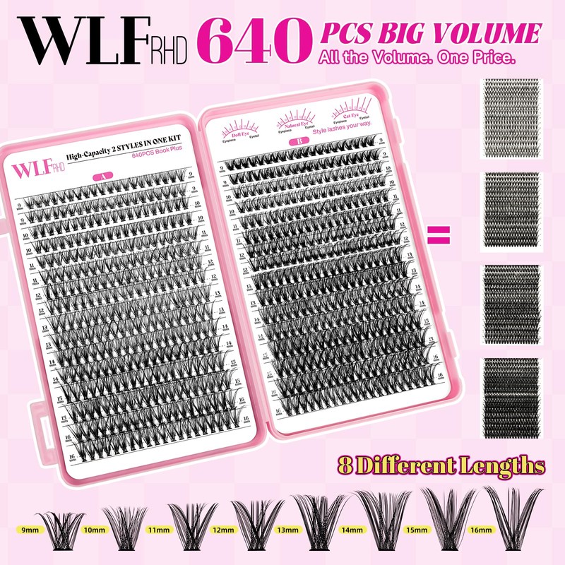WLF Lash Clusters, 640 Pcs 2 Style 30D+40D Natural Cluster