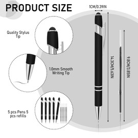TIESOME Pack of 5 Ballpoint Pens with Stylus Tip, Retractable 2 in 1 Stylus Pens Stylish Pen with 10 Refills, Metal Stylus Pen for Touch Screens, 1.0mm Black Ink Ballpoint Pen (Black)