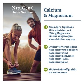 NatuGena Calcium & Magnesium, 300 mg Calcium und 200 mg Magnesium pro Tagesdosis, Magnesium-4-Komplex, Langeitversorgung, 300 Kapseln (2 Monats Packung)