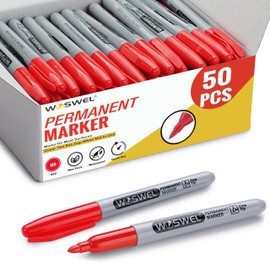 WOSWEL Permanent Markers Bulk, 50 Pack, Red Permanent Marker Pens, Fine Tip, Waterproof, Quick Drying, Smooth Writing, Used on Glass Metal Stone Paper Most Surfaces, Office School Supplies
