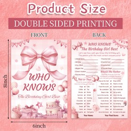 LOAVER Who Knows The Birthday Girl Best,50 Pcs Birthday Game Cards for Teens Girls Sweet Sleepover Party Activities Supplies (Double-Sided)