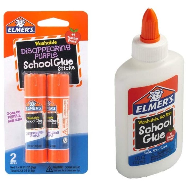 Elmer's bundle Washable Liquid School Glue, White, Dries Clear, 4 fl oz Plus Disappearing Purple Elmer's School Glue Stick, 7g, 2pk