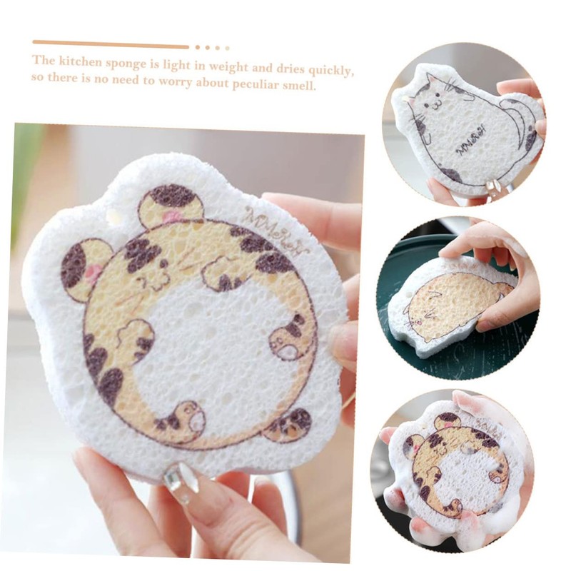KOMBIUDA 4pcs Cartoon Animals Kitchen Cleaning Sponge Wood Pulp Dish