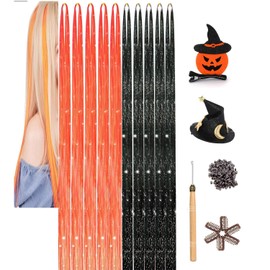 Halloween Hair Tinsel Kit for Kids Girls Heat Resistant Curlyhair Extensions with 2000 Stands Black Orange Sparkle Color Beads Tools and glitter witch hat clip, Good for School Party Closplay