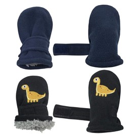 N'Ice Caps Little Kids and Baby Easy-On Sherpa Lined Fleece Mittens - 2 Pair Pack (Black Dinos/Navy Solid - Infant No Thumbs, 6-18 Months)