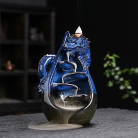 HaisWonsa Dragon Incense Burner - Ceramic Backflow Waterfall Burner with Dragon Smoke Fountain, Incense Holder, Cones & Tweezer & Fire Mat for Aromatherapy/Yoga/Home/Office Deco