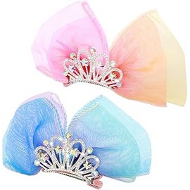 Princess Hair Accessories Set: Sparkly Mini Bows, Diamond Crown Pins, Ribbon Clips, and Metal Snap Barrettes for Girls' Birthday Hairstyling (Gradual pink，Gradual blue purple)