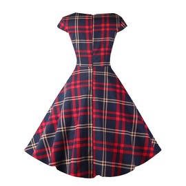 PUKAVT Women's Cocktail Party Dress Cap Sleeve 1950 Retro Swing Dress with Pockets Red Plaid S