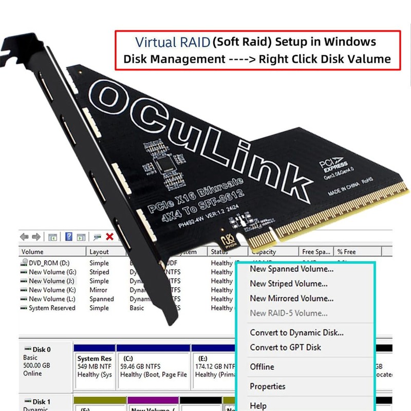 Xiwai PCI-Express 4.0 16x PCIE Detachable to Four Oculink SFF-8612