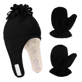 LACOFIA Baby Winter Warm Fleece Hat Sherpa Lined Caps Toddler Ear Flap Pilot Hat and Mitten Set, black