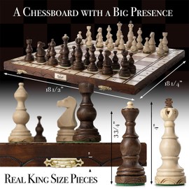 Wegiel Legate Luxury Wooden Chess Set for Adults and Kids - 18 Inch Handcrafted from Premium Beech and Birch Wood - Unique Folding Design with Chess Piece Storage
