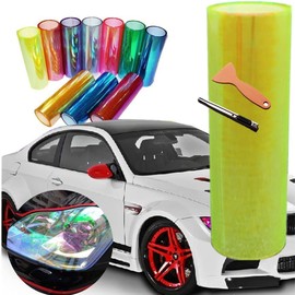 DIYAH 12 X 48 Inches Self Adhesive Shiny Chameleon Headlights Tail Lights Fog Lights Film, Sheet Sticker, Tint Vinyl With Hand Tools (Fluorescence Yellow)