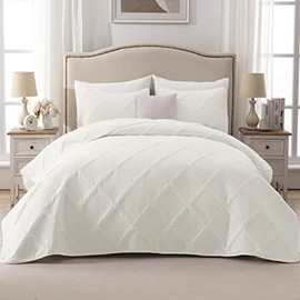 Exclusivo Mezcla 3 Piece White Full/ Queen Quilt Set with 2 Pillow Shams, Ultrasonic Embossing Lightweight Bedspread/ Coverlet/ Bed Cover All Seasons (90"x96")