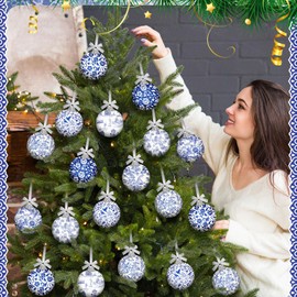 Simgoing 16 Pcs Blue and White Christmas Ball Ornament 2.36 Inch Chinoiserie Christmas Tree Decoration Plastic Rustic Blue and White Porcelain Xmas Hanging Ornament for Tree Home Fireplace Party Decor