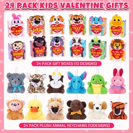 Valentines Day Gifts for Kids - 24 Pack Mini Animal Plush Toy Bulk Small Stuffed Animals for Girls Boys, Cute Keychain Decoration Goodie Bags Stuffers Exchange Gifts School Classroom Prize Party Favor
