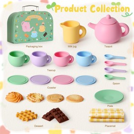 G.C Silikon Teeservice Kinder Spielzeug Kinderküche Zubehör mit Teekanne, Tassen, Teller, Löffel und Süßen Desserts, Teeparty Spielküche Rollenspiele, Küchenspiele, Geschenke für Mädchen Jungen