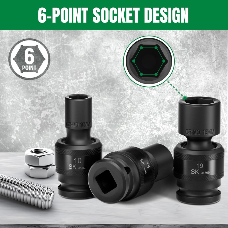 SK 1/2" Drive Universal Swivel Impact Socket Set, Metric Socket