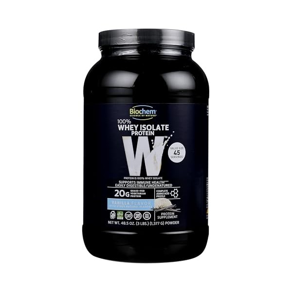 Biochem 100% Whey Isolate Protein Powder, Vanilla Flavor, 20g Grass-Fed