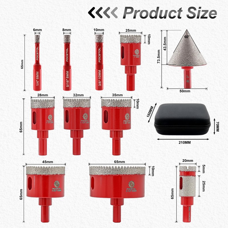 Diamond Core Drill Bit Set - FOCSTOL 11pcs (6/8/10/25/28/32/35/45/65mm+20mm Drilling