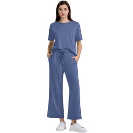 XIEERDUO Womens Two Piece Short Sleeve Outfits Summer Athleisure Wear For Women Sweat Sets 2 Piece Pants Blue 2XL