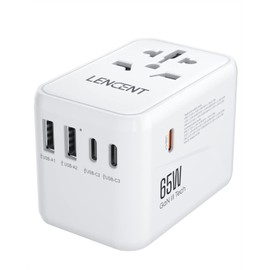 LENCENT Adaptador Universal de Viaje, GaN III 65W Cargador Internacional con 2 Puertos USB y 3 PD USB-C Carga Rápida, Adaptador Cargador Europeo con Enchufe Tipo A/C/G/I para USA/Europa/UK/AUS, Blanco