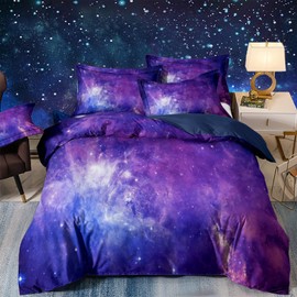 3D Galaxy Bedding Purple Sky Universe Star Duvet Cover Microfiber Quilt Cover with Zipeer Closure for Kids Teens Adults Bedding (Single 135x200cm)