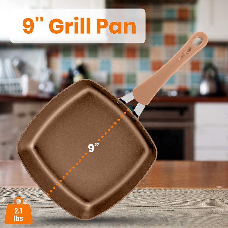 NutriChef 9.45'' Durable Stylish Grill Pan-Non-Stick High-Qualified Cookware, Induction PTFE/PFOA/PFOS-Free