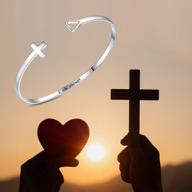 Hioed Cross Bracelet Jesus Faith Bangle Love Charm Bracelets I am Enough 925 Sterling Silver Cuff Bracelet Religious Jewelry Gift for Women