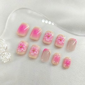 French Tip Press on Nails Short Square Fake Nails with 2D Flower Designs Gradient Nails Press ons Glossy Glue on Nails Light Yellow Acrylic Nails Cute Stick on Nails for Women 24Pcs