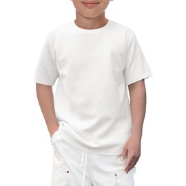 Haloumoning Boys Geometric Texture T-Shirts Kids Fashion Crewneck Short Sleeve Loose Tops Tees 5-14 Years White