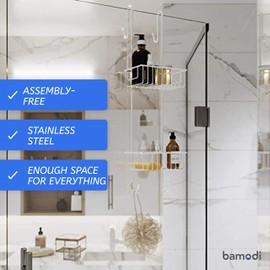 Bamodi Shower Caddy Hanging - 2 Tier Over Door Chrome Plated - No Drilling Required - Fits Shower Screens up to 0.78 inches - Hangable Shower Rack with 2 Towel Hooks (27.5 x 7.5 x 7.3 INCHES)
