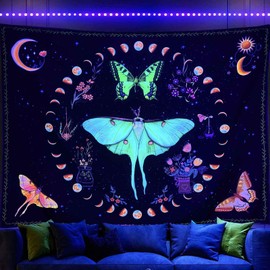 Algasan Blacklight Moth Moon Phase Tapestry Boho Butterfly Moon Wall Tapestry UV Reactive Botanical Plants Sun Floral Aesthetic Tapestries for Bedroom Living Room Dorm 35 x 47 Inch