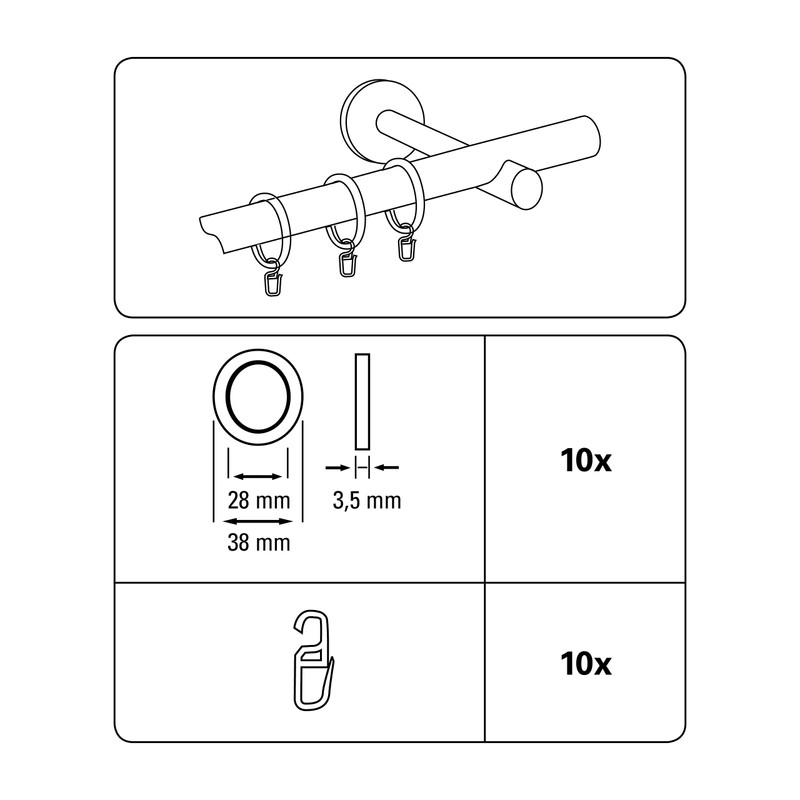 GARDINIA Curtain Rings for Curtain Rods with Diameter 16 mm