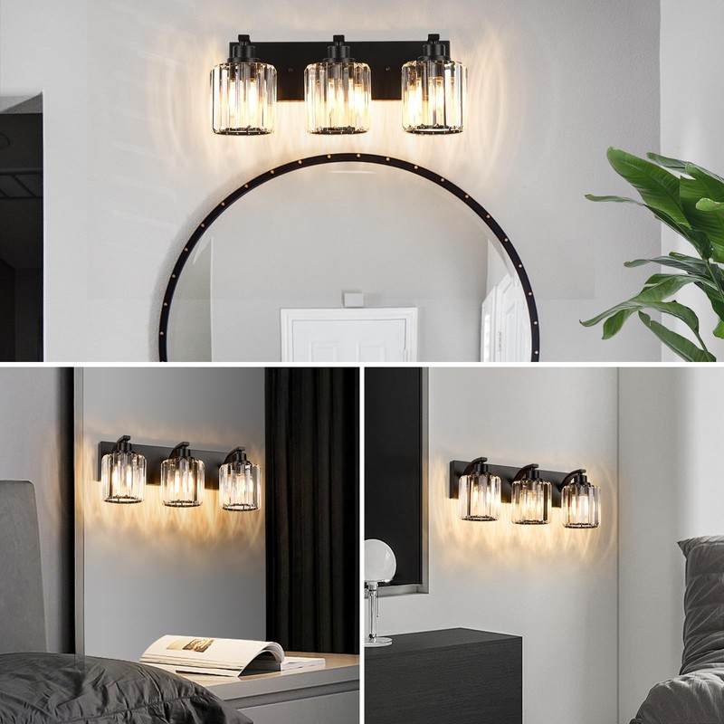 Haolaike 3 Lights Crystal Bathroom Vanity Light Modern Black Bathroom