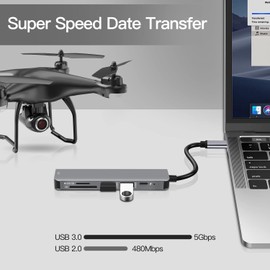 USB-C Hub 6-in-1, Multiport Adapter mit HDMI 4K, SD/TF Kartenleser, 2X USB 3.0, 100W PD Ladeanschluss, Grau