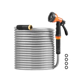 VEVOR Garden Hose Metal 50FT – Heavy Duty Stainless Steel Water Hose, Flexible, No Kink & Tangle, Puncture Resistant & Rust Proof, Lightweight w/ 10-Function Spray Nozzle for Yard, Outdoor, Gardening