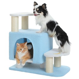 UYMI Cute Dog Stairs & Cat Scratching Post with Condo, Pet Steps for High Beds, Sofa, Couch, High-Strength Boards Hold up to 150 lbs for Indoor Small Cats Kittens Dogs Climbing Playing, 3 Steps-Blue