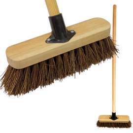 10” Outdoor Yard Broom with Wooden Handle Stiff Bassine Hard Bristles & Durable Support Bracket Heavy Duty Garden Brush Deck Broom & Scrubbing Brush for Driveways Patios and Decks (PACK OF 1)