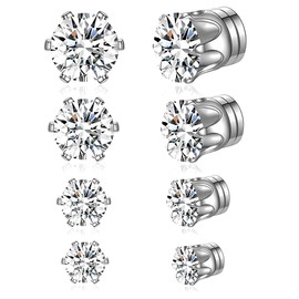 XOXVURI 4 Pairs Stainless Steel Magnetic Stud Earrings for Men Women Non Piercing CZ Hypoallergenic Non-Piercing Clip On Earrings Zirconia 4 mm/5 mm/6 mm/7 mm