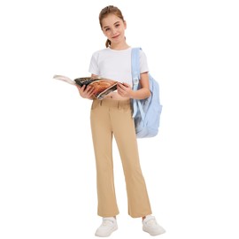 QBK Girls Flare Dress Pants Kids School Uniform Bell Bottoms with Elastic Waist for Teens Size 6-15 Years (Khaki,8-9Y)