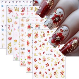 6 Sheets Flower Nail Art Stickers 3D Self Adhesive Spring Summer Nails Decals Butterfly Tulip Cherry Blossom Design Flower Nail Stickers Floral Sticker for Women Daily Manicure Supplies