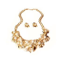Tytrading Necklace and Earrings Set, Accessories, Gold, Pearl Leaf Design, Faux Pearl, No Gemstone