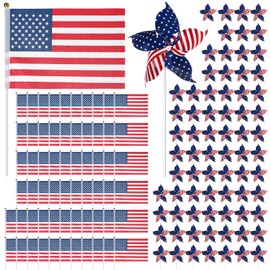 120 Pcs 4th of July Decorations Include 60 Patriotic Pinwheels 60 Small American Flags on Stick, Red White and Blue Pinwheel Windmill for Memorial Day Independence Day Parade Yard Decor Garden Outdoor