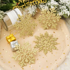 XmasExp 150mm/6inch Large Glitter Snowflake Ornaments Set Christmas Tree Hanging Plastic Decoration for Xmas Party Wedding Anniversary Window Door Home Accessories (20pcs,Gold)