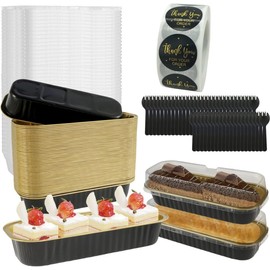 Juego de 50 Moldes para Hornear, Mini Moldes para Hornear de Aluminio 200ml, Repostería, Moldes Rectangulares con Tapas y Cucharas, Ideal para Brownies, Pasteles, Panes, Tartas de Queso (Negro)