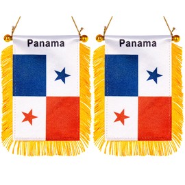ZXvZYT 3 X 5 Inch Panama Window Hanging Flag Panamanian Small Mini Car Flags Banners Rearview Mirror Decoration - with Suction Cup & Golden Fringy Banner(2 Pack)
